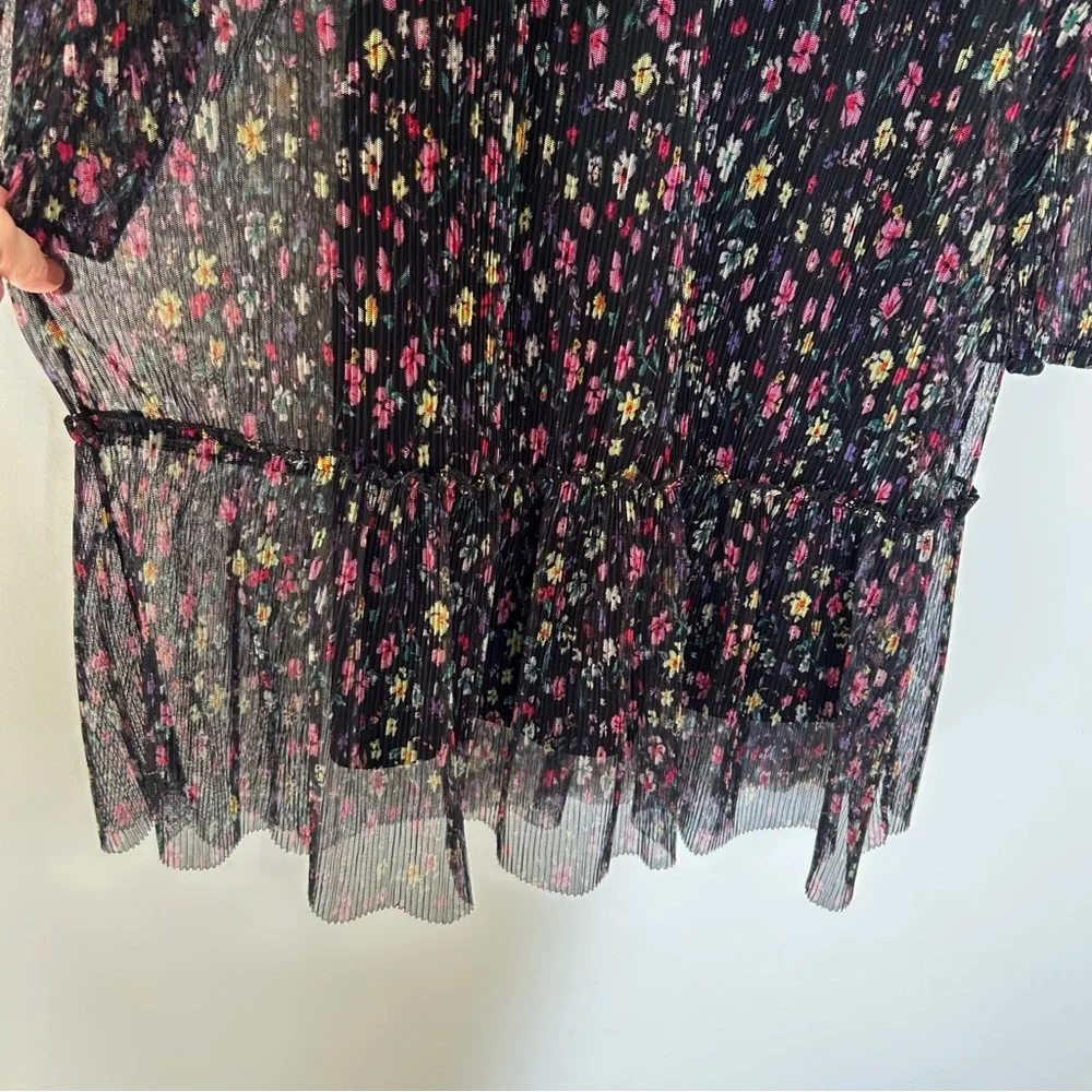 Zara Black Crinkle Rainbow Floral Print Long Sheer Sleeve Youth Dress Size 13/14